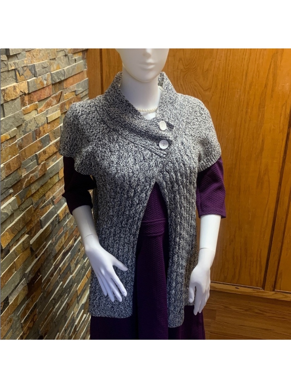 Izod Gray Marled Short-Sleeve Shawl-Collar Cardigan with Buttons